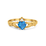 Irish Claddagh Heart Promise Ring Yellow Tone, Simulated Blue Topaz CZ 925 Sterling Silver