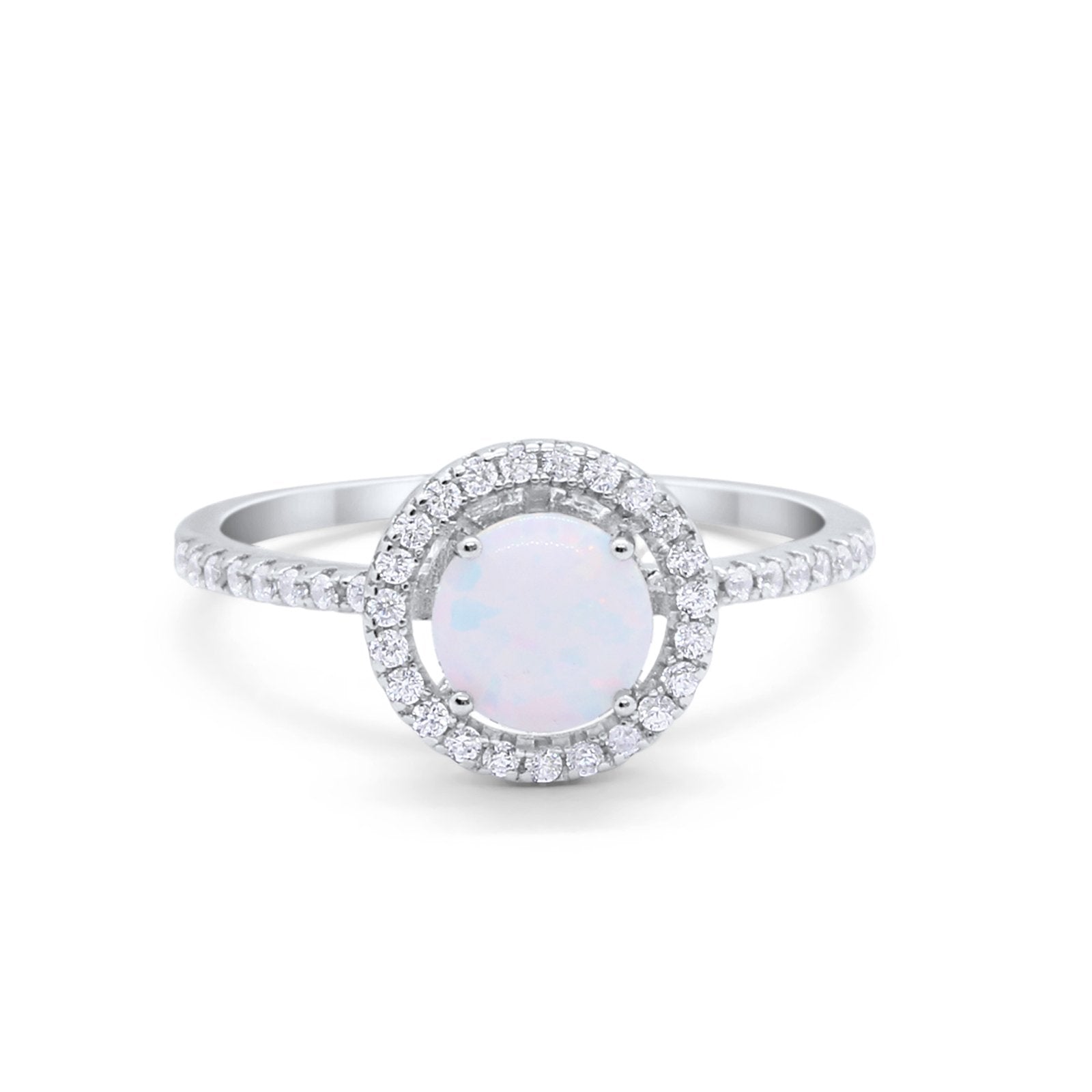 Halo  Engagement Ring Round Created White Opal 925 Sterling Silver