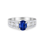 Art Deco Wedding Ring Oval Simulated Blue Sapphire CZ 925 Sterling Silver