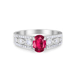Art Deco Wedding Ring Oval Simulated Ruby CZ 925 Sterling Silver