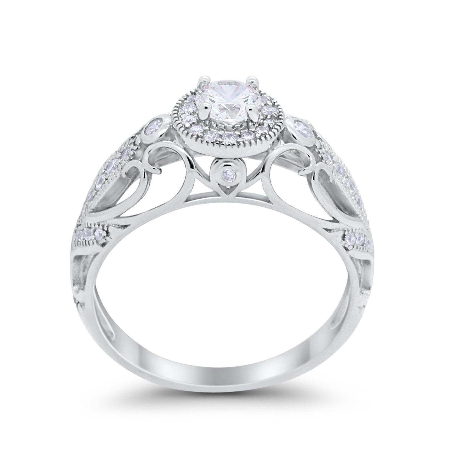 Filigree Engagement Ring Round Simulated Cubic Zirconia 925 Sterling Silver