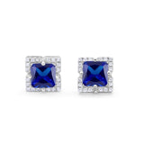 Halo Princess Cut Engagement Bridal Stud Earrings Simulated Blue Sapphire CZ 925 Sterling Silver