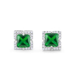 Halo Princess Cut Engagement Bridal Stud Earrings Simulated Green Emerald CZ 925 Sterling Silver