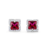 Halo Princess Cut Engagement Bridal Stud Earrings Simulated Ruby CZ 925 Sterling Silver