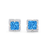 Halo Princess Cut Engagement Bridal Stud Earrings Simulated Blue Topaz CZ 925 Sterling Silver