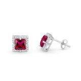 Halo Princess Cut Engagement Bridal Stud Earrings Simulated Ruby CZ 925 Sterling Silver