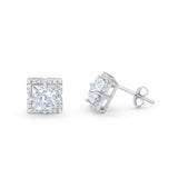 Halo Princess Cut Engagement Bridal Stud Earrings Simulated CZ 925 Sterling Silver