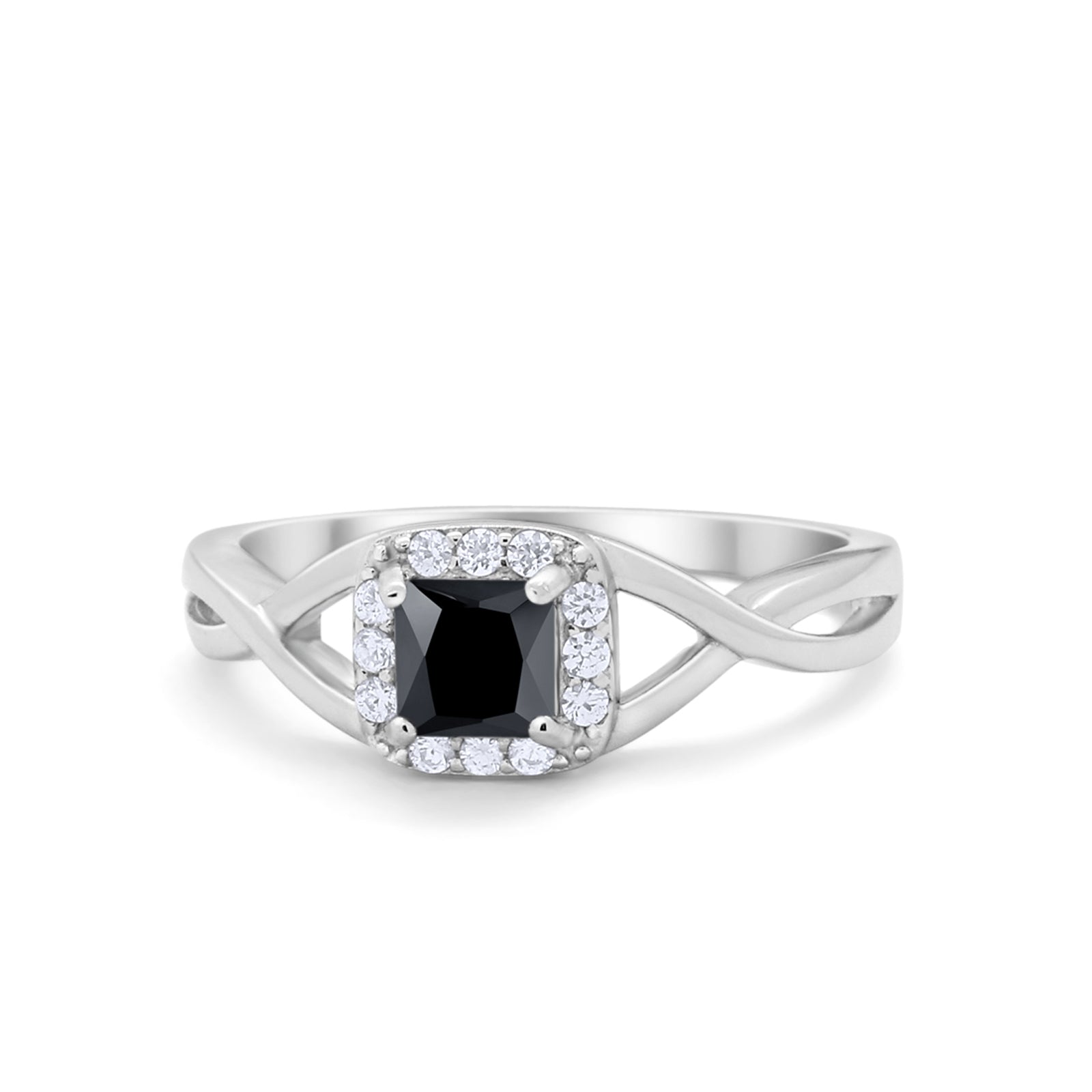 Solitaire Infinity Shank Ring Princess Cut Simulated Black CZ 925 Sterling Silver