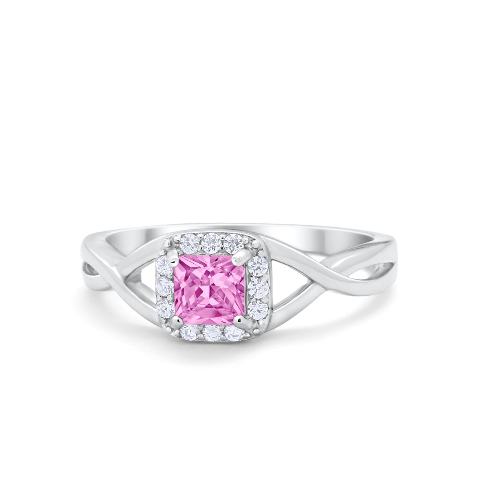 Solitaire Infinity Shank Ring Princess Cut Simulated Pink CZ 925 Sterling Silver