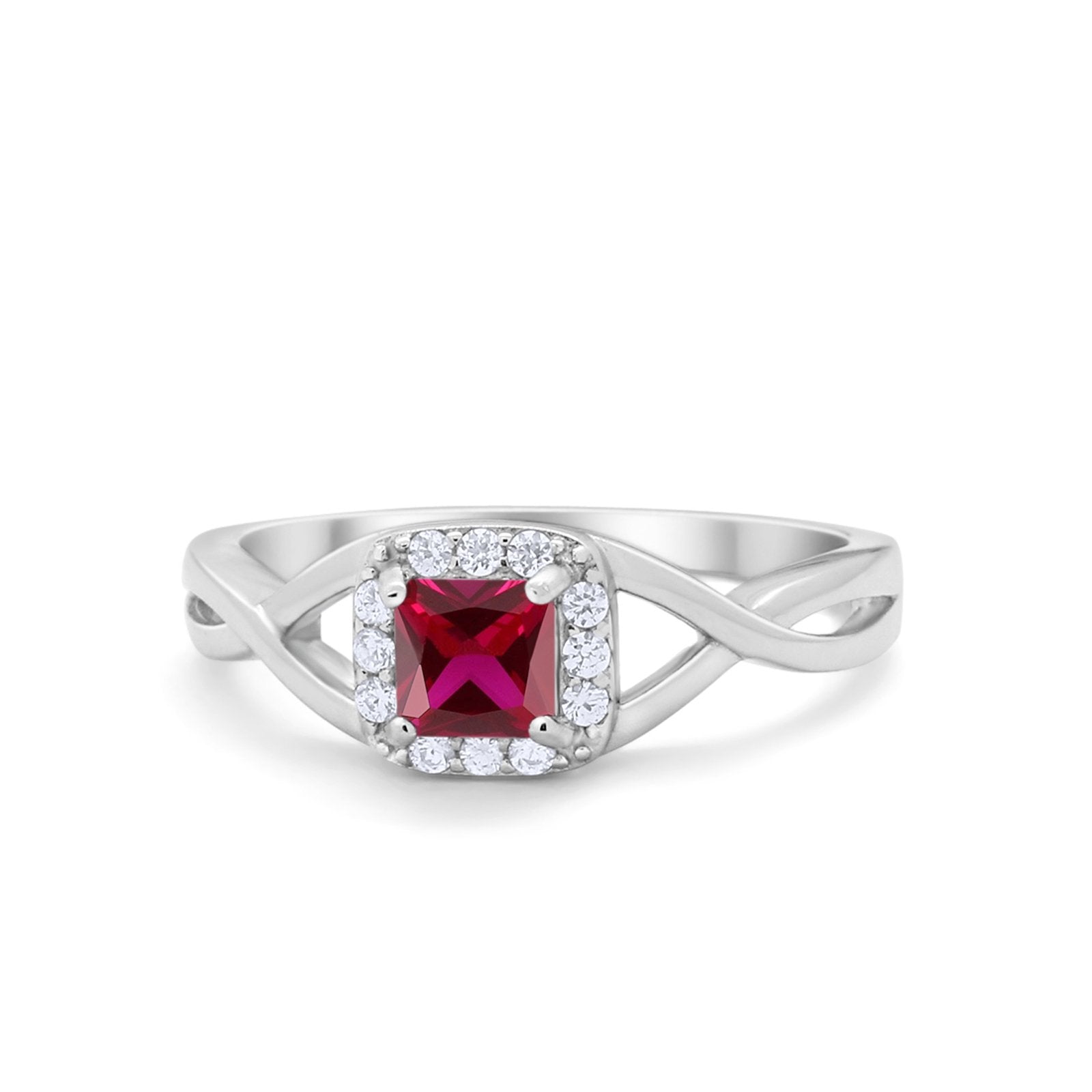 Solitaire Infinity Shank Ring Princess Cut Simulated Ruby CZ 925 Sterling Silver