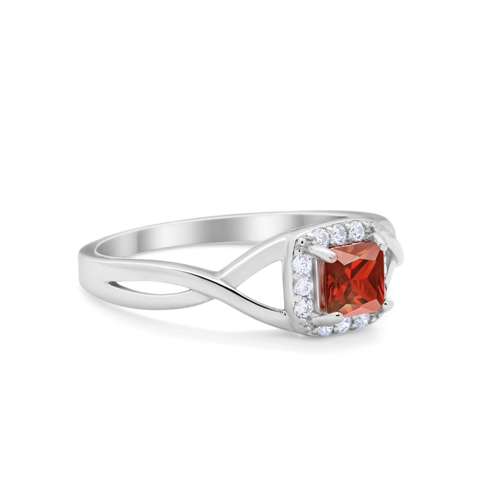 Solitaire Infinity Shank Ring Princess Cut Simulated Garnet CZ 925 Sterling Silver