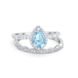 Art Deco Teardrop Piece Wedding Ring Simulated Aquamarine CZ 925 Sterling Silver