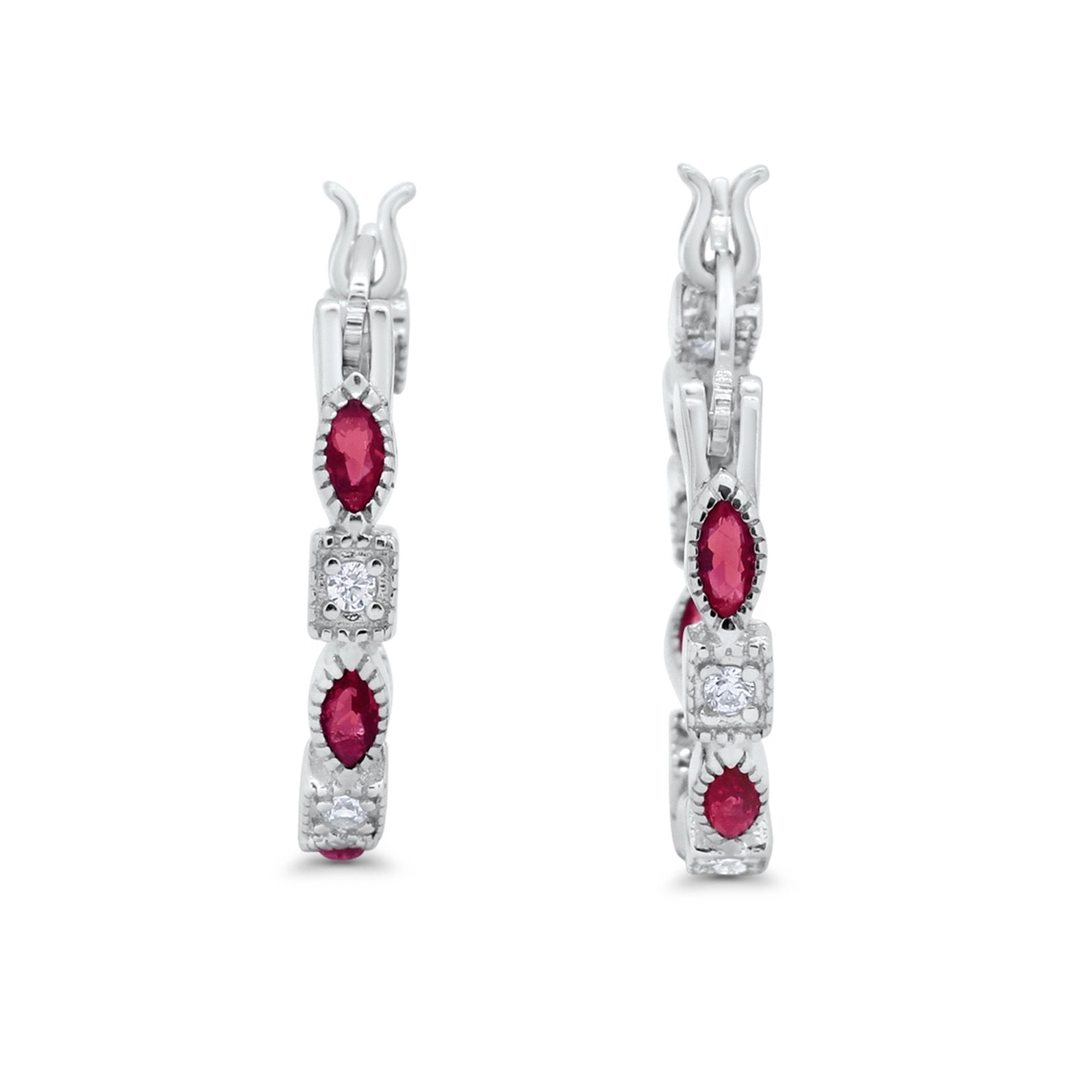 Art Deco Hoop Earrings Marquise Round Simulated Ruby CZ 925 Sterling Silver