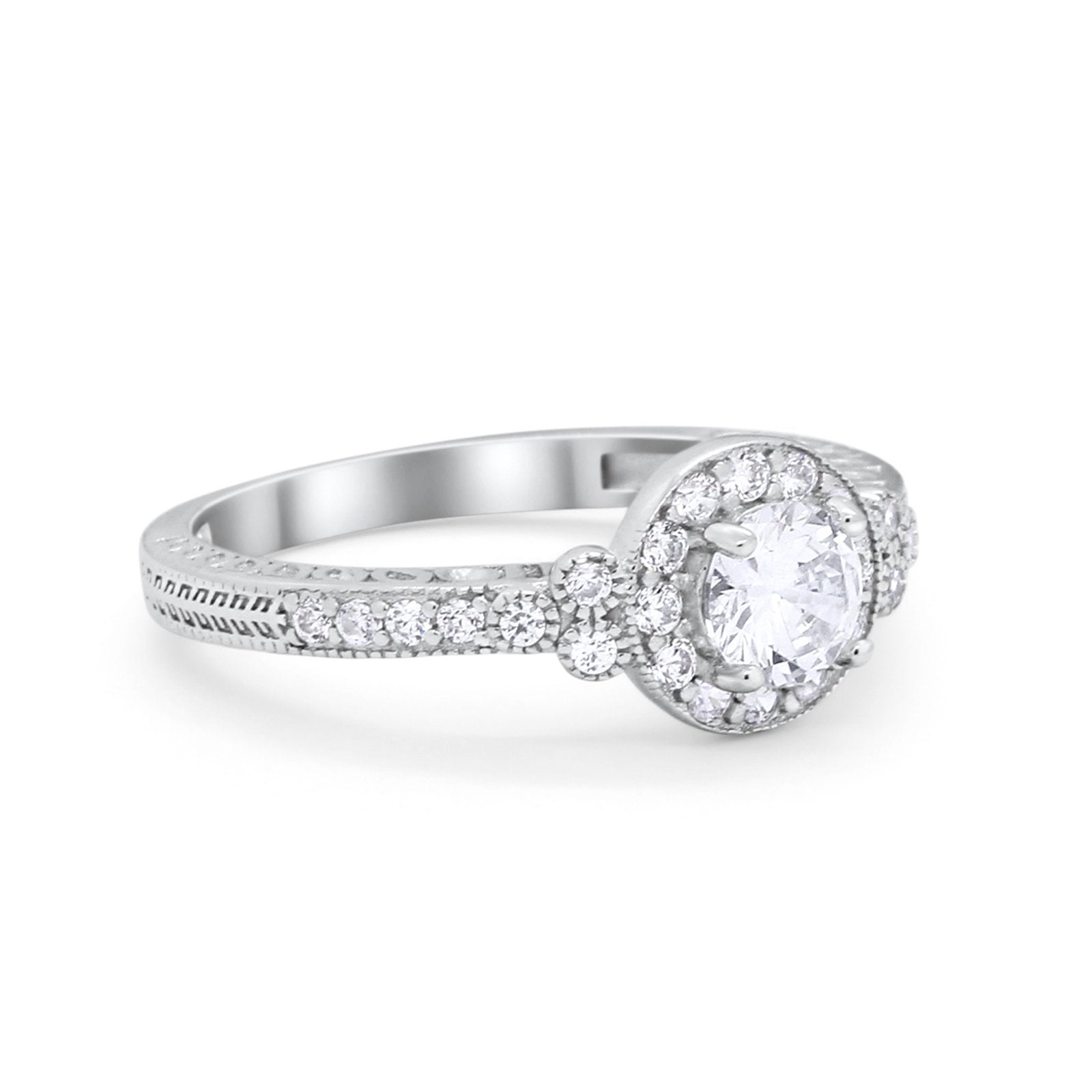 Vintage Style Halo Bridal Wedding Ring Round Simulated CZ 925 Sterling Silver