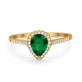 Art Deco Teardrop Pear Wedding Ring Yellow Tone, Simulated Emerald CZ 925 Sterling Silver