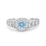 Vintage Style Engagement Ring Halo Simulated Aquamarine CZ 925 Sterling Silver