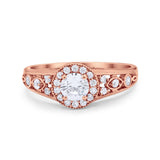Vintage Style Engagement Ring Halo Rose Tone, Simulated Cubic Zirconia 925 Sterling Silver