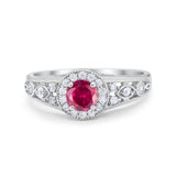 Vintage Style Engagement Ring Halo Simulated Ruby CZ 925 Sterling Silver
