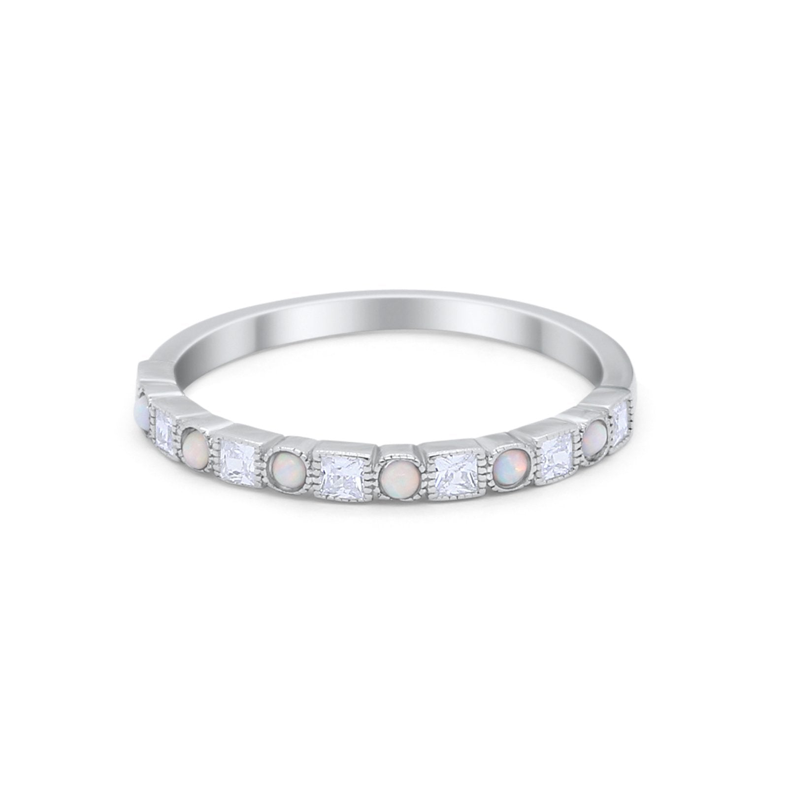 Half Eternity Wedding Band Ring Round Created White Opal 925 Sterling Silver