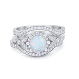 3 Piece Wedding Ring Bridal Set Round Lab Created White Opal 925 Sterling Silver