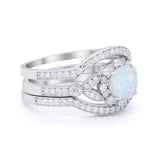 3 Piece Wedding Ring Bridal Set Round Lab Created White Opal 925 Sterling Silver