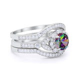 3 Piece Wedding Ring Bridal Set Round Simulated Rainbow CZ 925 Sterling Silver
