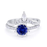Two Piece Art Deco Bridal Set Ring Band Round Simulated Blue Sapphire CZ 925 Sterling Silver