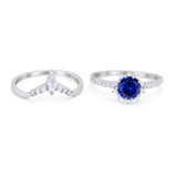Two Piece Art Deco Bridal Set Ring Band Round Simulated Blue Sapphire CZ 925 Sterling Silver