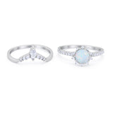 Two Piece Art Deco Bridal Set Ring Band Round Lab Created White Opal 925 Sterling Silver