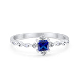 Art Deco Petite Dainty Wedding Ring Simulated Blue Sapphire CZ 925 Sterling Silver