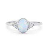 Oval Art Deco Engagement Ring Lab Created White Opal 925 Sterling Silver