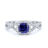 Halo Cushion Infinity Shank Wedding Ring Simulated Blue Sapphire CZ 925 Sterling Silver