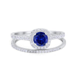 Two Piece Wedding Ring Halo Bridal Simulated Blue Sapphire CZ 925 Sterling Silver