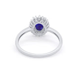 Halo Floral Oval Engagement Bridal Ring Simulated Blue Sapphire CZ 925 Sterling Silver