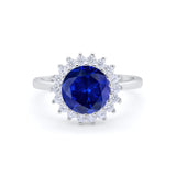 Halo Floral Wedding Ring Round Simulated Blue Sapphire CZ 925 Sterling Silver