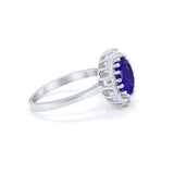 Halo Floral Wedding Ring Round Simulated Blue Sapphire CZ 925 Sterling Silver