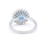 Halo Floral Wedding Ring Round Simulated Aquamarine CZ 925 Sterling Silver