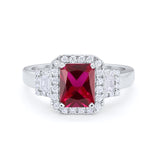 Three Stone Wedding Ring Baguette Simulated Ruby CZ 925 Sterling Silver