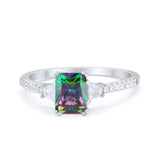 Emerald Cut Three Stone Wedding Ring Simulated Rainbow CZ 925 Sterling Silver