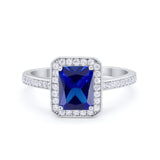 Halo Wedding Ring Baguette Simulated Blue Sapphire CZ 925 Sterling Silver
