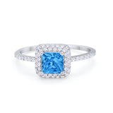 Halo Princess Cut Wedding Ring Round Simulated Blue Topaz CZ 925 Sterling Silver