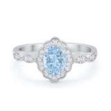 Halo Art Deco Oval Engagement Bridal Ring Simulated Aquamarine CZ 925 Sterling Silver