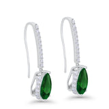 Teardrop Pear Dangling Fish Hook Earrings Simulated Green Emerald CZ 925 Sterling Silver