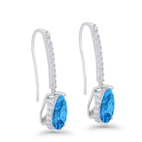 Teardrop Pear Dangling Fish Hook Earrings Simulated Blue Topaz CZ 925 Sterling Silver