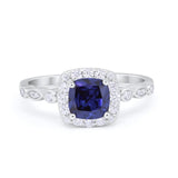 Halo Cushion Wedding Ring Bridal Simulated Blue Sapphire CZ 925 Sterling Silver