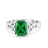 Celtic Engagement Ring Emerald Cut Simulated Green Emerald CZ 925 Sterling Silver