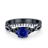 Celtic Wedding Ring Band Black Tone, Simulated Blue Sapphire CZ 925 Sterling Silver