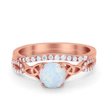 Celtic Wedding Ring Band Rose Tone, Lab Created White Opal 925 Sterling Silver