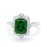 Halo Emerald Cut Engagement Ring Simulated Green Emerald CZ 925 Sterling Silver