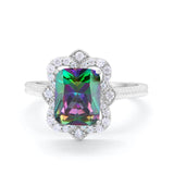Halo Emerald Cut Engagement Ring Simulated Rainbow CZ 925 Sterling Silver